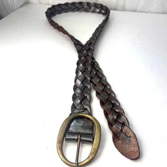 Leather Belt Metallic sheen Brass Buckle Vintage Braided 47\
